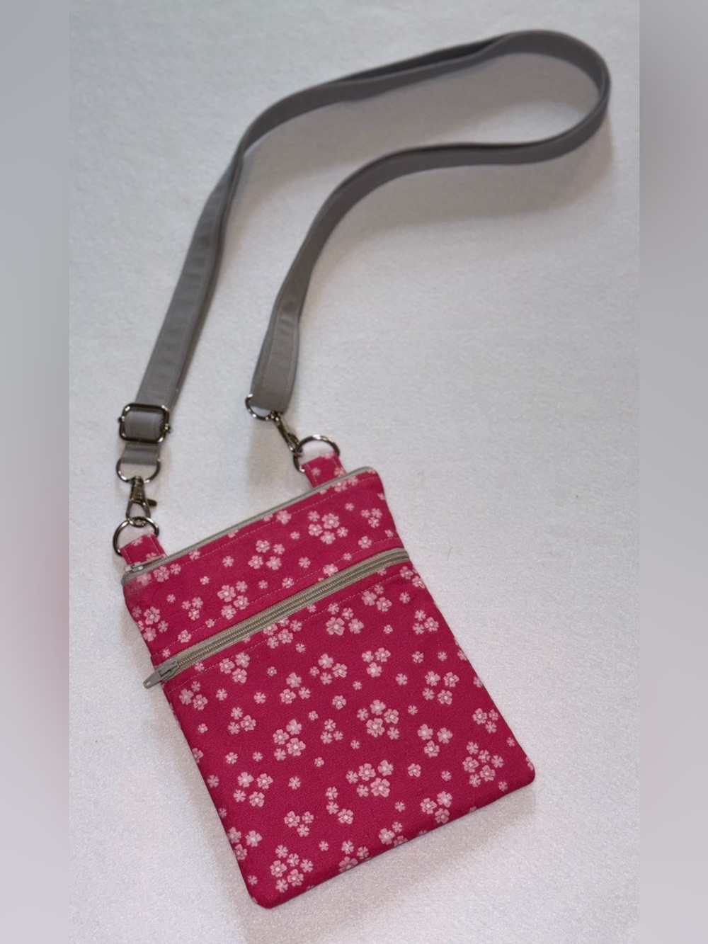 Pink Floral Crossbody Purse with Adjustable Gray Strap